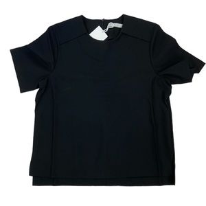 LUNA black heavy short sleeve black leather buckle top shirt. Size medium NWT